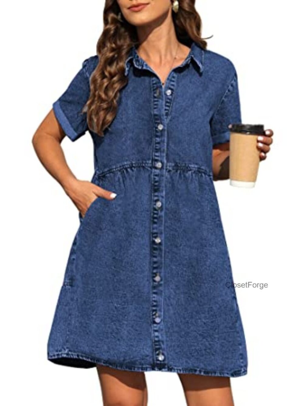 Denim A-Line Mini Dress with Pockets Short Sleeve Casual Babydoll Jean Dress